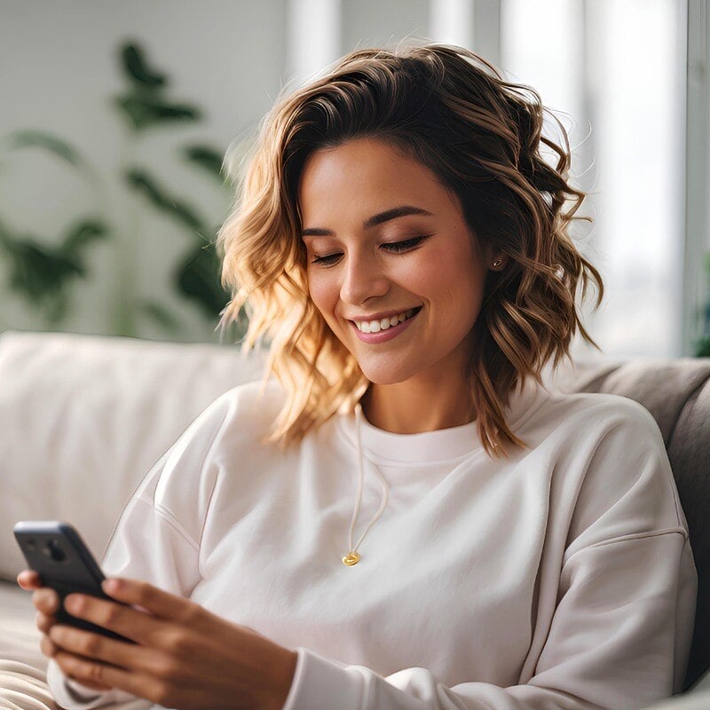 Young woman on couch smiling and looking at her phone